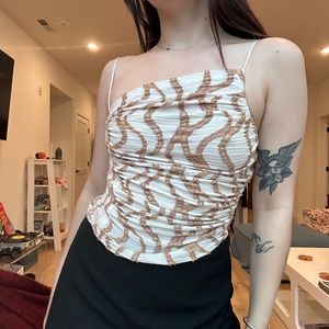 Free People Ivory Tan Embroidered Swirl Print One Shoulder Top